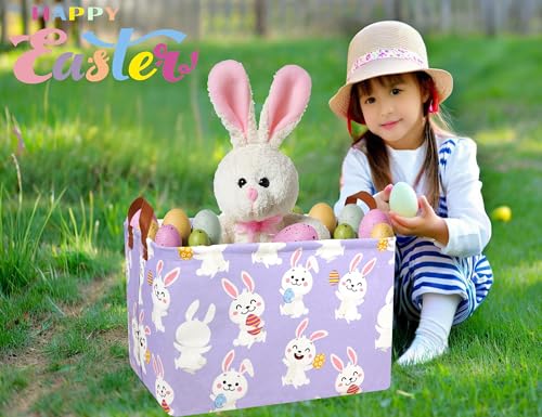 Image of Rectangle Empty Easter Baskets Boy Large Toy Storage Bin Girls collapsible Hamper Waterproof Canvas Box Kid Gifts Spring Decor( Laugh Rabbit Egg )