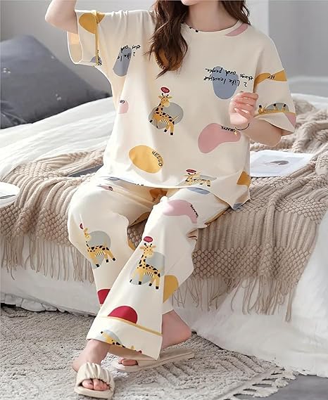 Image of Women's Pajama Set with Top & Pants|| Korean Night Wear|| Loose Fit Home Wear || Lightweight Printed Set || Soft & Comfy Girls & Women