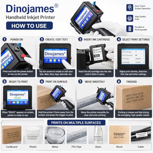 Image of dinojames Handheld Inkjet Printer 12.7mm | 4.3 inch Touchscreen Portable Batch Coding Machine | 600 DPI for Date, MRP, Expiry, Barcode & QR Code Printing