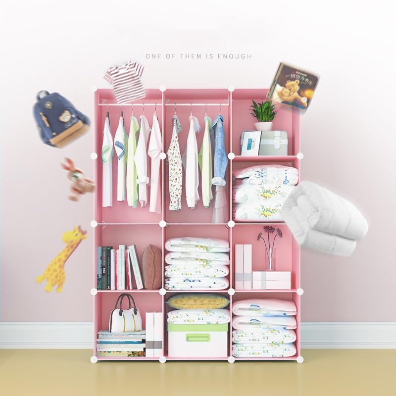 Image of AYSIS Almirah for Clothes,Plastic Soft Sheet Collapsible Wardrobe for Clothes for Kids Clothes /Toy /Book, Baby Cupboard for Clothes Storage in Bedroom Nursery,Cartoon (Pink, 12-Shelf-12-Door)
