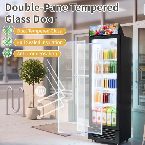 Image of Erivess 9 Cu.Ft Commercial Refrigerators with Double-Tempered Glass Door | Beverage Display Fridge with 7 Level Temp, Merchandiser Drink Fridge with LED Light & Locking Caster for Bar Restaurant Shops