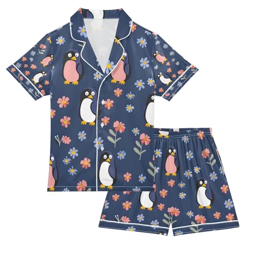 Penguin with Small Flower Satin Summer Pajama Sets Silk Short Sleeve Button Down Sleepwear