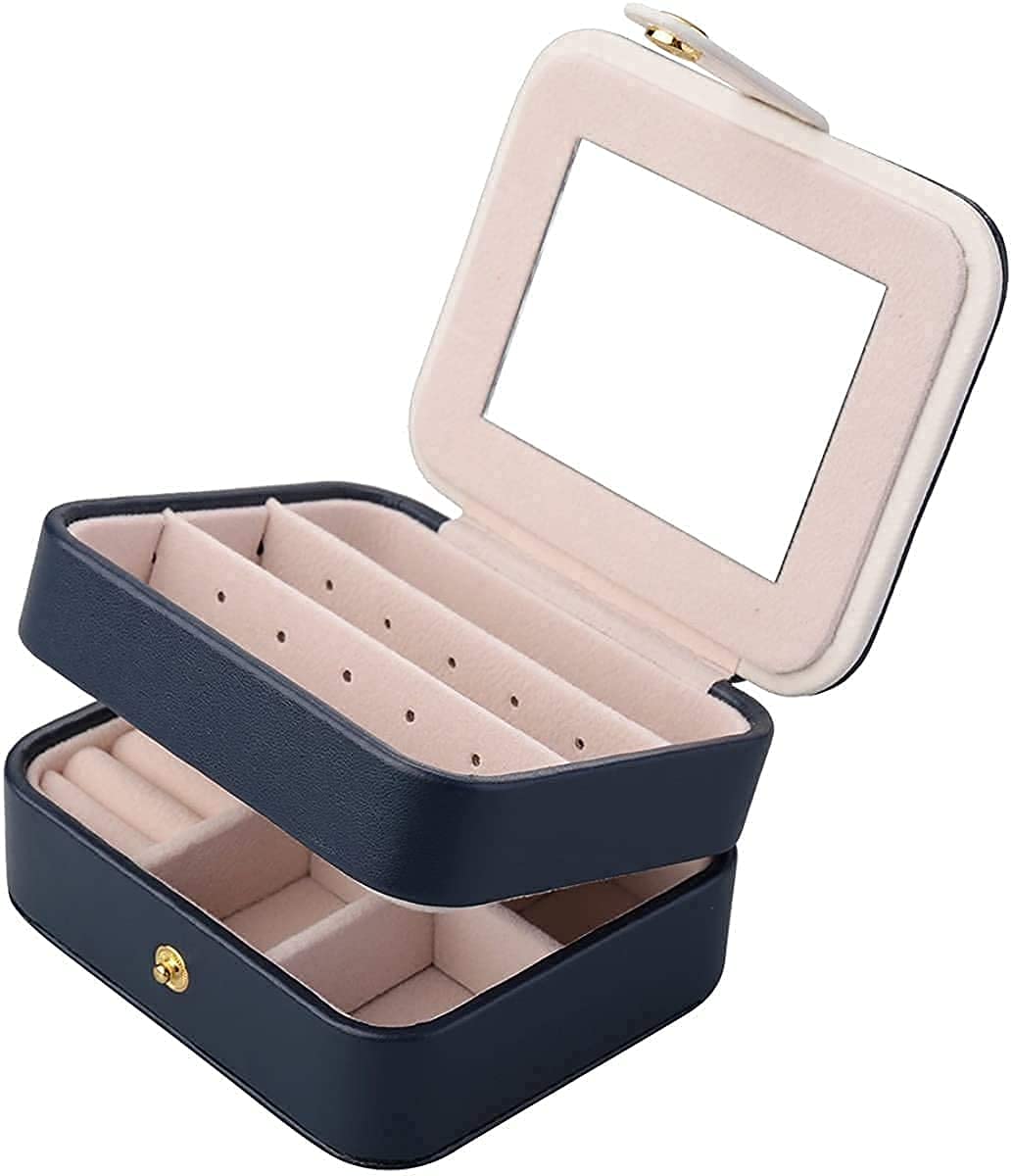 2 Tier with Mirror for Earrings Necklace Jewelry Bracelet Organizer Jewellery Storage Box (White) (Darkblue)