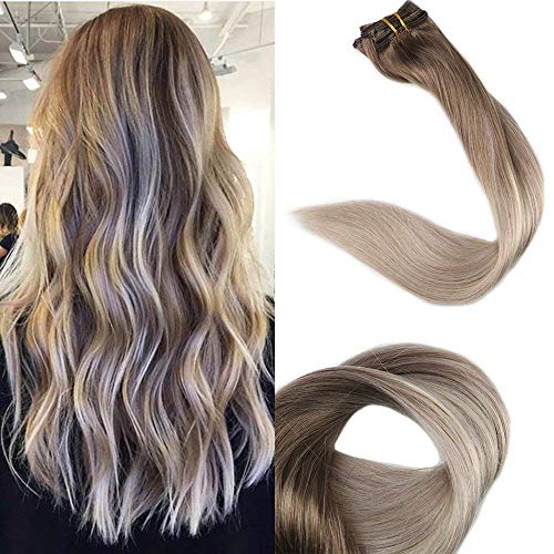 [Promotion]Full Shine 18 inch Brazilian Clip in Hair Extensions Human Hair Blonde Balayage Hair Extensions Color #8 Fading to #60 and #18 10 Pcs 100g Per Set