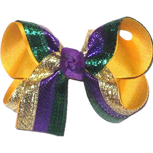 HL-157M Medium Mardi Gras Purple Green and Gold Metallic over Yellow Gold Hair Bow