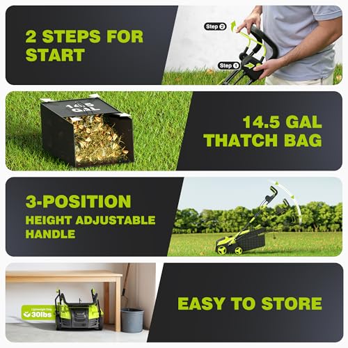 16-Inch Electric Dethatcher and Scarifier, YERYORK 2-in-1 Scarifier and Lawn Dethatcher with Powerful 15.5 AMP Motor 14.5Gal Collection Bag 5-Position Depth Foldable Handle for Lawns(Dark Green)