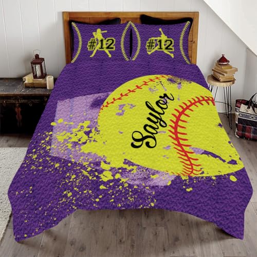 Custom Purple Softball Quilt with Name, Softball Comforter Set for All Season, Queen King Bedding Quilt Sets Birthday to Dad Husband Kids Son Daughter, Softball Fan