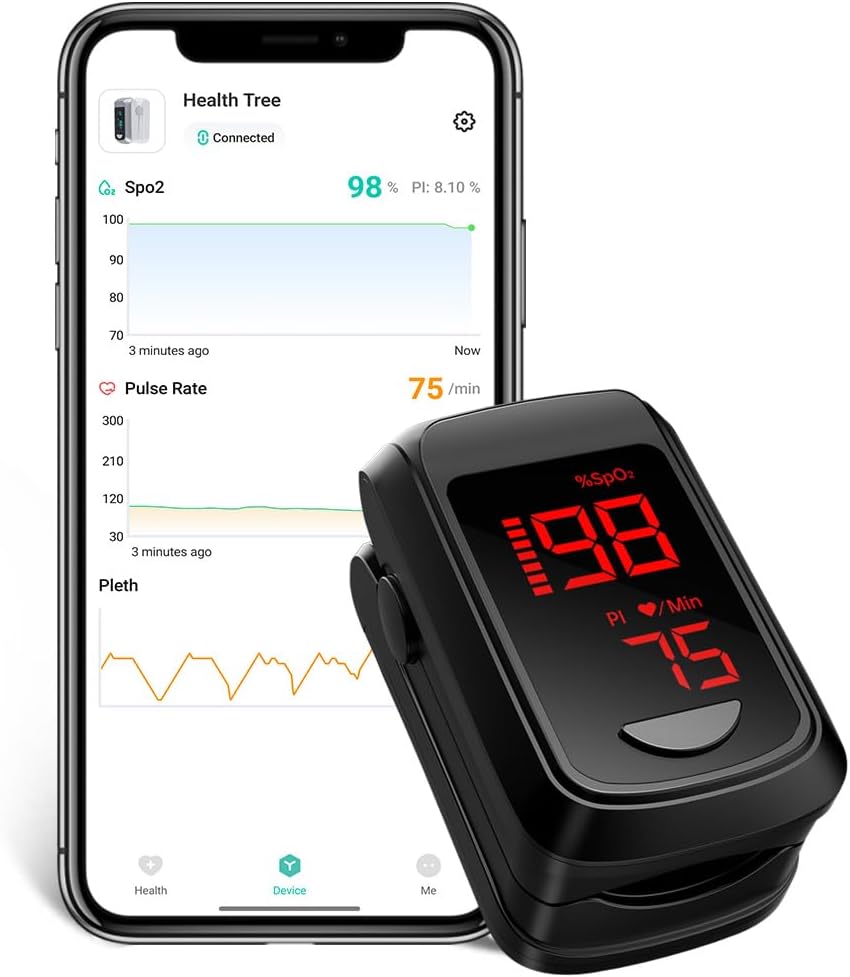 Blood Oxygen Monitor Bluetooth Pulse Oximeter, HOLFENRY Oxygen Monitor finger Adults CE Approved With App checking Heart Rate/Blood Oxygen Saturation Level/ SpO2 PI PR