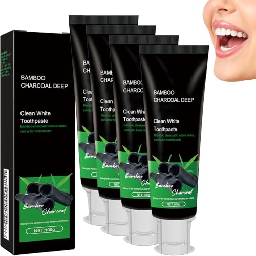Pasta de dientes de carbón activado de bambú, pasta de dientes de carbón activado de bambú orgánico, refrescante para dientes sensibles, crema blanqueadora para blanquear y respirar fresco (4 unidades