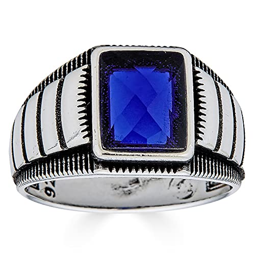 HarlemBling Solid 925 Sterling Silver - Men's Blue Sapphire Gemstone Ring - Great As Pinky Ring Or Signet Ring Sizes 6-13