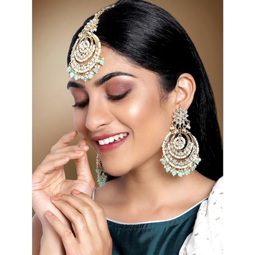 Image of Peora Traditional Jewellery Rhodium Kundan & Pearl Maang Tikka Earring Set for Women Girls