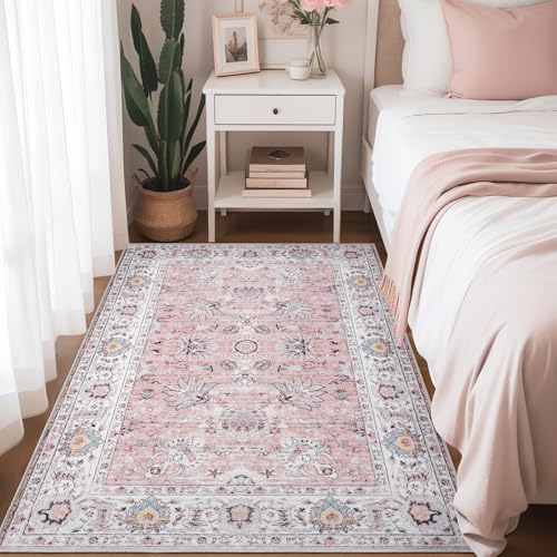 3x5 Washable Bedside Pink Rug, Vintage Floral Rugs for Girl