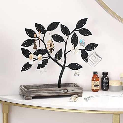 Mygift Matte Black Leaf & Tree Design Jewelry Organizer Earring Holder With Rustic Torched Wood Ring Dish Tray #TOP1
