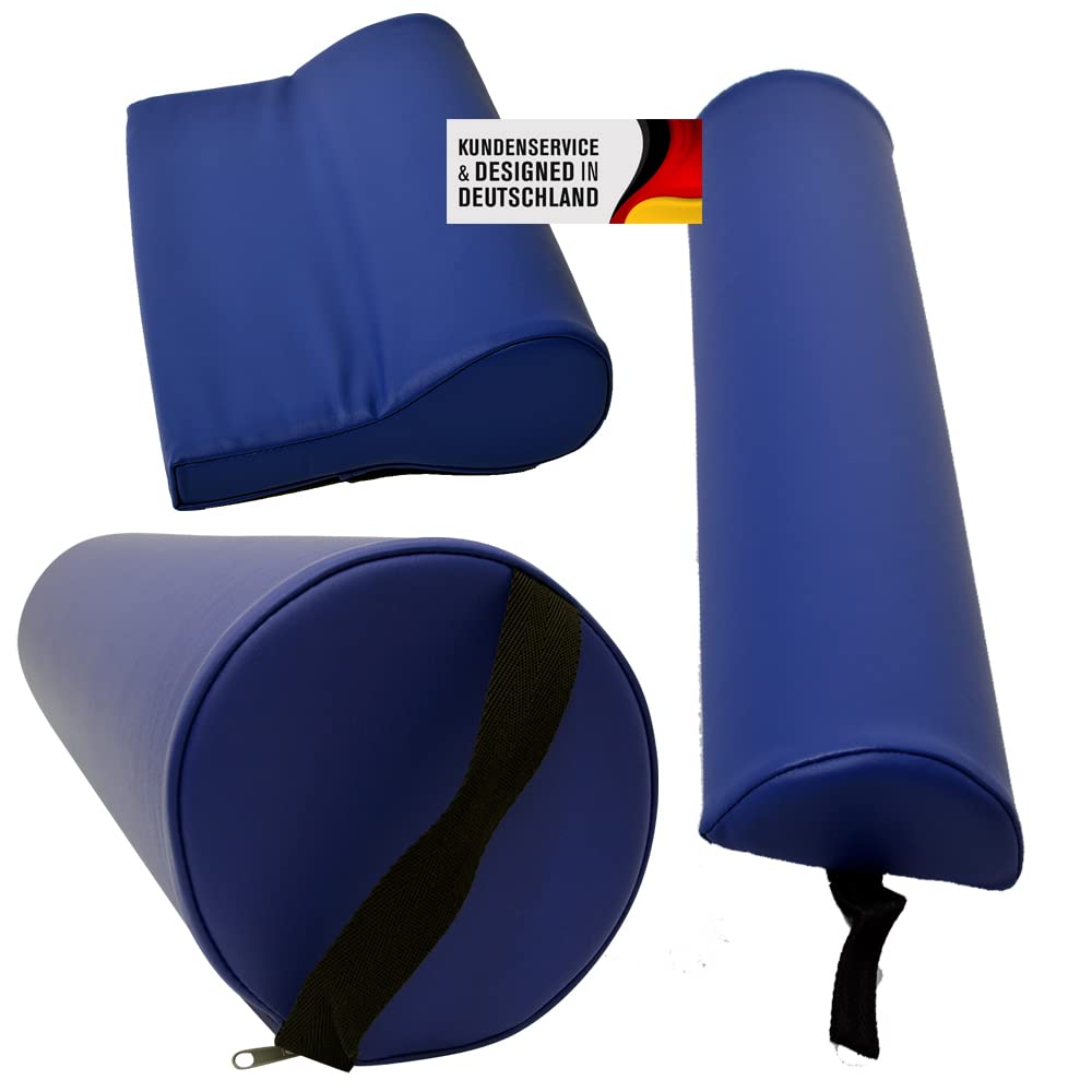 Massagezubehör Set 3 bestehend aus 1x Vollrolle Knierolle mit Griff 1x Lagerungsrolle Halbrolle und 1x Nackenkissen Kopfstütze für die Massageliege wasserabweisend (Blau)