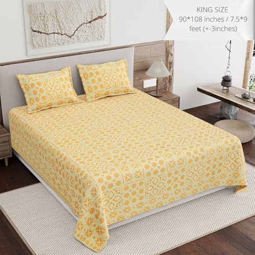 Image of Living Roots Ethnic Jaipur Block Print Double Cotton Bedsheet & 2 Pillow Covers, for Mattress Upto 6 inches Thick, No Colour Bleeding, Yellow Colour, King Size 90 * 108 inches, 120TC (612-A)