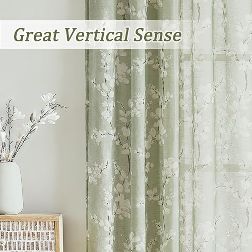 Image of FMFUNCTEX Linen Sheer Blossom Floral Curtains Sage Green 84 Inch 2 Panels
