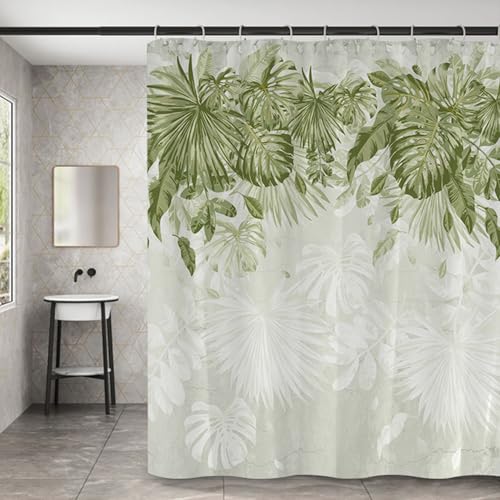 Aqrbeci Tropical Leaves Shower Curtain, Green Palm Monstera Leaf Shower