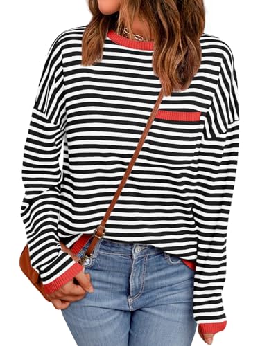 Image of LILLUSORY Womens Striped Soft Knit Pullover Sweater Loose Fit Shirts with Chest Pocket