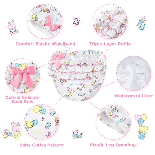 Image of Littleforbig Silky Washable Reusable Waterproof Ruffled Lace Bow Baby Cuties Pattern Ruffle Adult Diaper Cover M