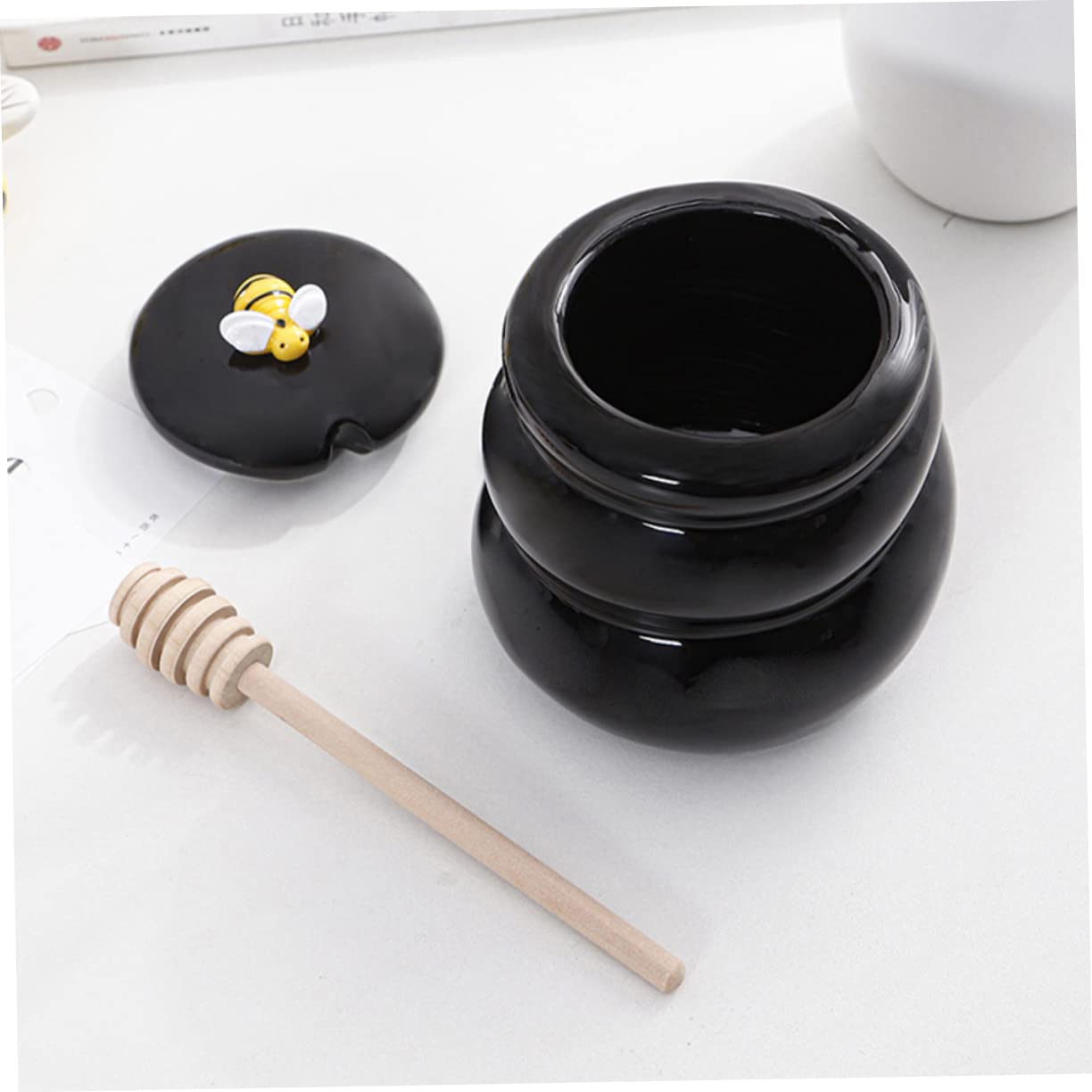 BEBEMOKO Bee Honey Pot Small Honey Bottle Honey Dipper and Jar Jam Storage Bottle Honey Pot Dispenser Honey Jars with Dipper Beehive Pot Candy Dispenser Ceramic Honey Container Black Wood