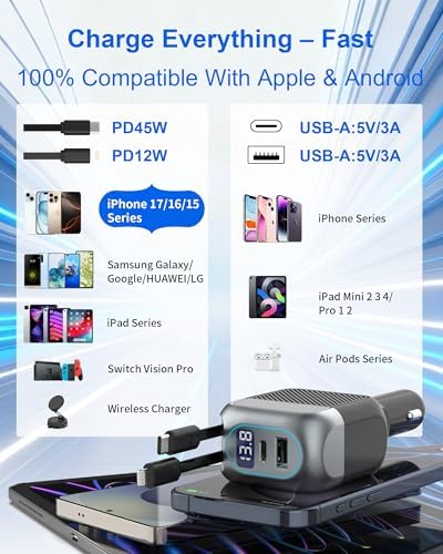 87W Retractable Car Charger, Cigarette Lighter USB Charger for iPhone 17 — view 7