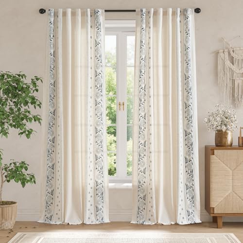 Image of jinchan Blue Floral Linen Curtains for Living Room 96 inch Back Tab 2 Panels