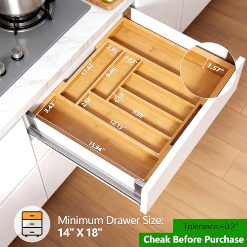 image for Pipishell Bamboo Expandable Silverware Drawer Organizer, Adjustable Ki