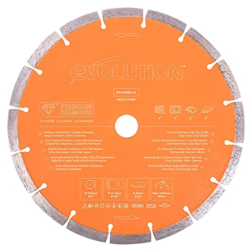Image of Evolution 9 Inch Diamond Blade with Segmented Edge, 7/8 in Bore, Concrete, Stone, Brick Cutting Diamond Blade, Black