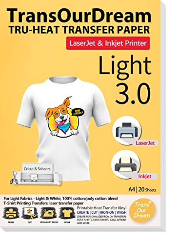 TransOurDream Tru-T Shirt Transfer Paper 20 Sheets A4 Iron On Transfers for Inkjet & Laser Printer Printable HTV Heat Transfer Vinyl for White and Light Fabrics,Easy to Cut(TOD-03-20)