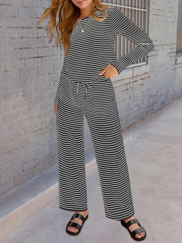 Lazysmile Lounge Sets For Women Casual Striped 2 Piece Outfits Long Sleeve Tops and Wide Leg Pants Loungewear Pajama Set — view 5