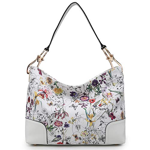 Dasein Women Hobo Bags Shoulder Handbags Hobo Purses Big Hook Hardware and Wide Strap (white flower)