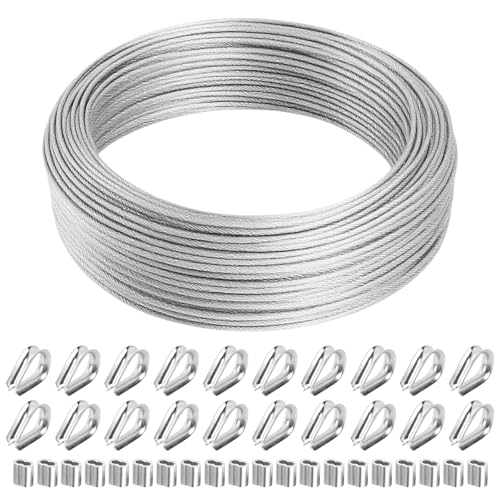 Bubuny Cuerda de Alambre de 50m de Largo, 2mm Cable de Acero Inoxidable 304 Recubierto de PVC, con Guardacabos y Manguitos de Engarce para Plantas Trepadoras, Tendedero Exterior, Lámpara Colgante