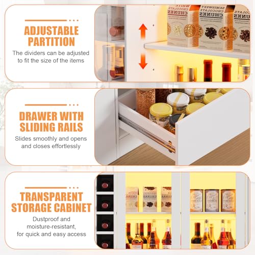 86.6\" Large Kitchen Island with Trash Can,Stationary Storage Island with Lights,Counter Height Kitchen Island Table with 3 Drawers and 2 Shelves,Wood Island Table with Large Countertop for Dining Room