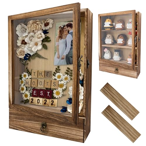 Image of Hodeframe Shadow Box Frame with Drawer and Shelves, 2.6" Deep Shadow Box Display Case with Real Glass, Wooden Memory Box for Pictures, Memorial, Medals, Flowers, Wedding Bouquet for Wall or Tabletop