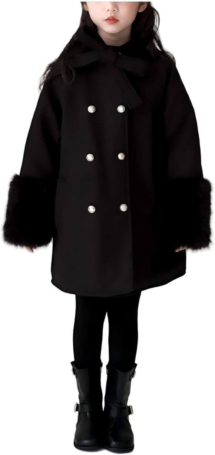 Girls Trench Coat Double Breasted Wool Dress Coat Furry Trim Winter Warm Windbreaker Overcoat with Pockets