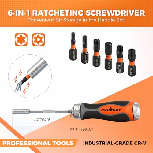 Image of HORUSDY 6-in-1 Ratcheting Screwdriver Set, Magnetic Multi-Bit Screwdriver with Built-in Premium S2 Bits & 126mm Extension Bar, Dad Mens Gifts for Christmas, All-in-One Tool for Home Repair, DIY