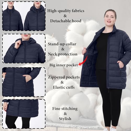 Plus Size Women Packable Puffer Jacket 1X-6X Water-Resistant Lightweight Puffer Coat Detachable Hood4