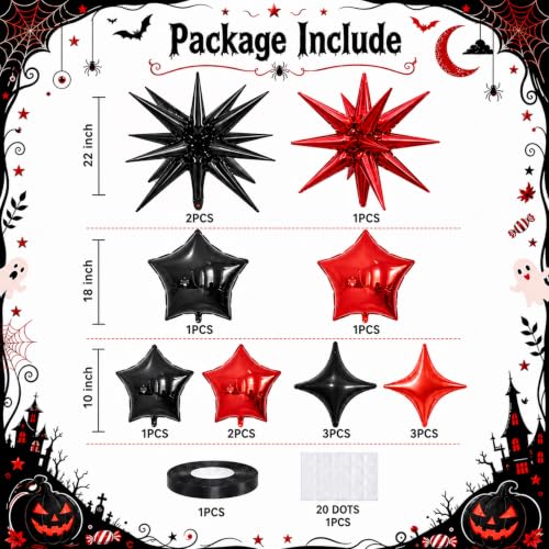 Image of Star Balloons Halloween Balloon Black Red Explosion Stars Balloon | 22 /18 /10 In Metallic Red Black Spike Stars Foil Balloon for Vampire Casino Happy New Year Eve Birthday Party Decor