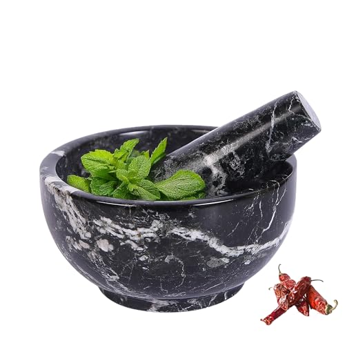 Exquisite Marble Mortar and Pestle Set - Your Ultimate Kitchen Essential for Grinding Spices, Making Guacamole, Salsa, Pesto, and Crushing Pills (Black Zebra, Bowl Shape (5"))