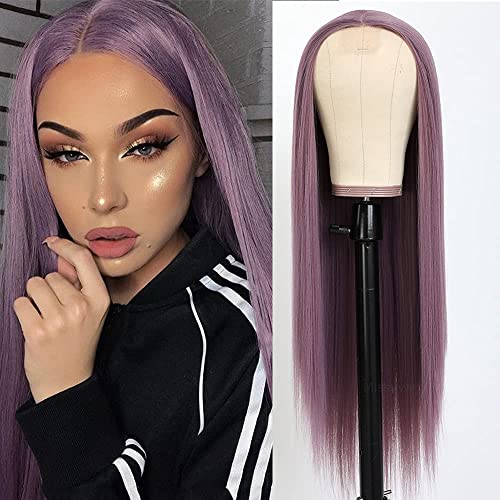 Missyvan Long Straight Hair Purple Color Hair Wigs Glueless Heat Resistant Fiber Hair Synthetic Hair Little Lace Wigs for Fashion Women