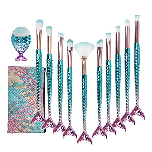 Niziyi, set di 11 pennelli da trucco a tema sirena, con morbide setole in nylon, ideali per fondotinta, cipria, creme colorate per sopracciglia, eyeliner, fard e correttore, con pochette