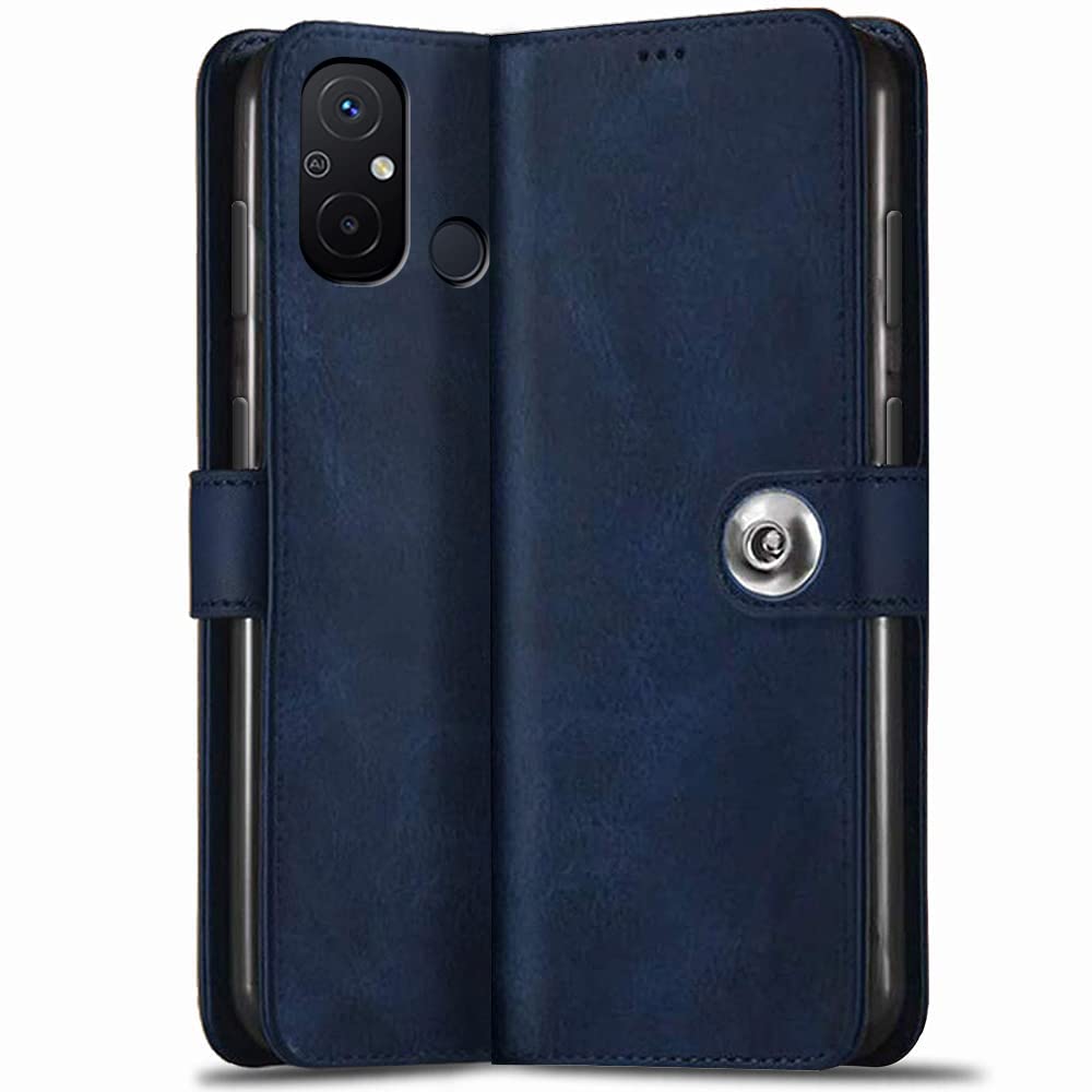 TheGiftKart Genuine Leather Finish Flip Back Cover Case for Mi Redmi 12C | Inbuilt Pockets & Stand | Wallet Style | Designer Button Magnet Flip Cover Back Case for Redmi 12C (Blue)