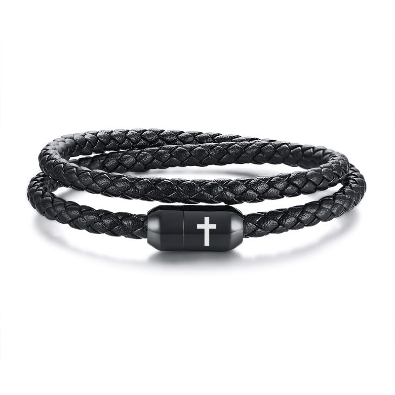 Leather Cross Bracelets for Men : Black Genuine Braided Double Wrap Jesus Cross Braided Leather Bracelets with Stainless Steel Clasp for Men Boyfriend,Christian Jewelry Gifts,8 Inches