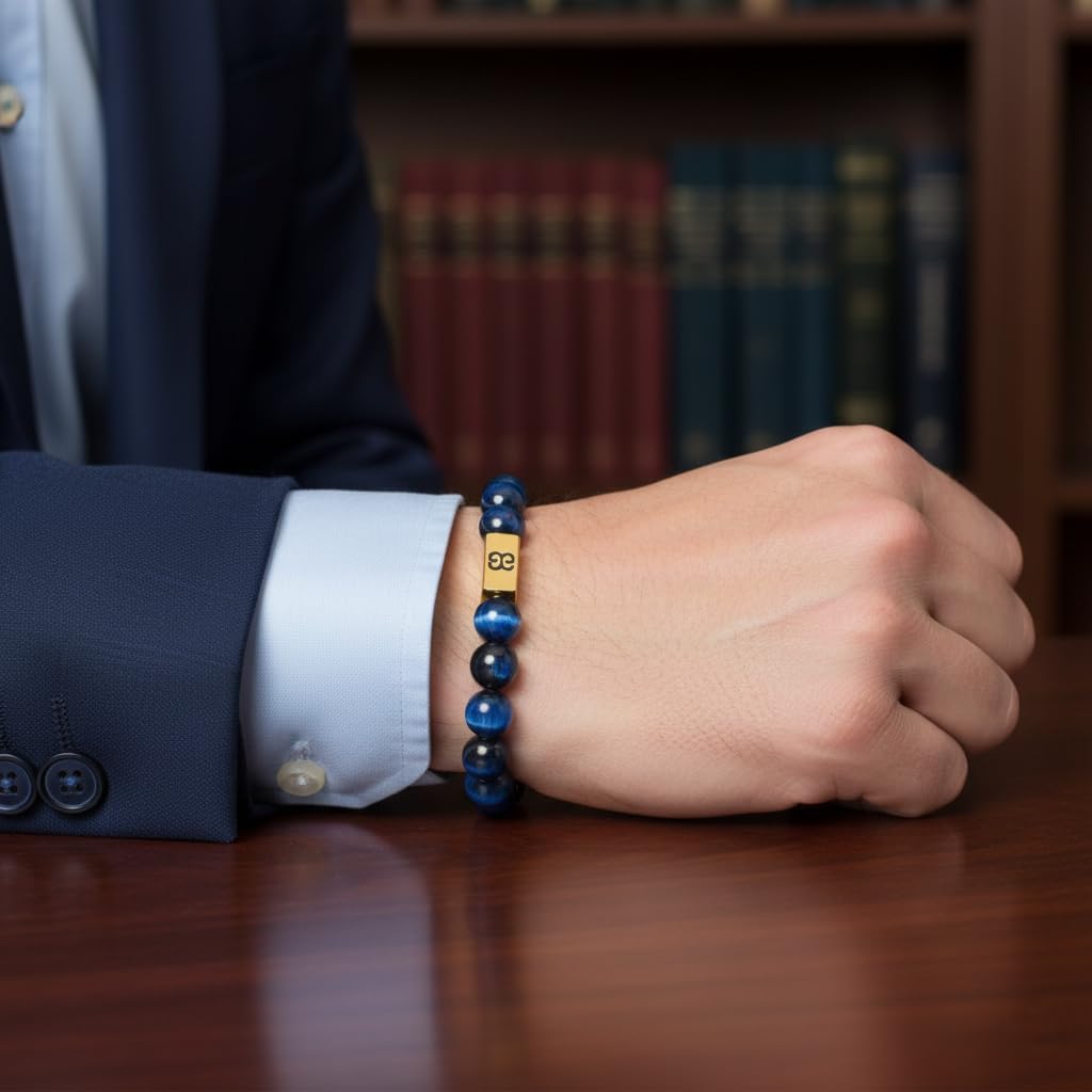 Kartini Studio Blue Tiger's Eye and Gold Bracelet, Men's Bracelet, Quality Bead Jewelry for Man