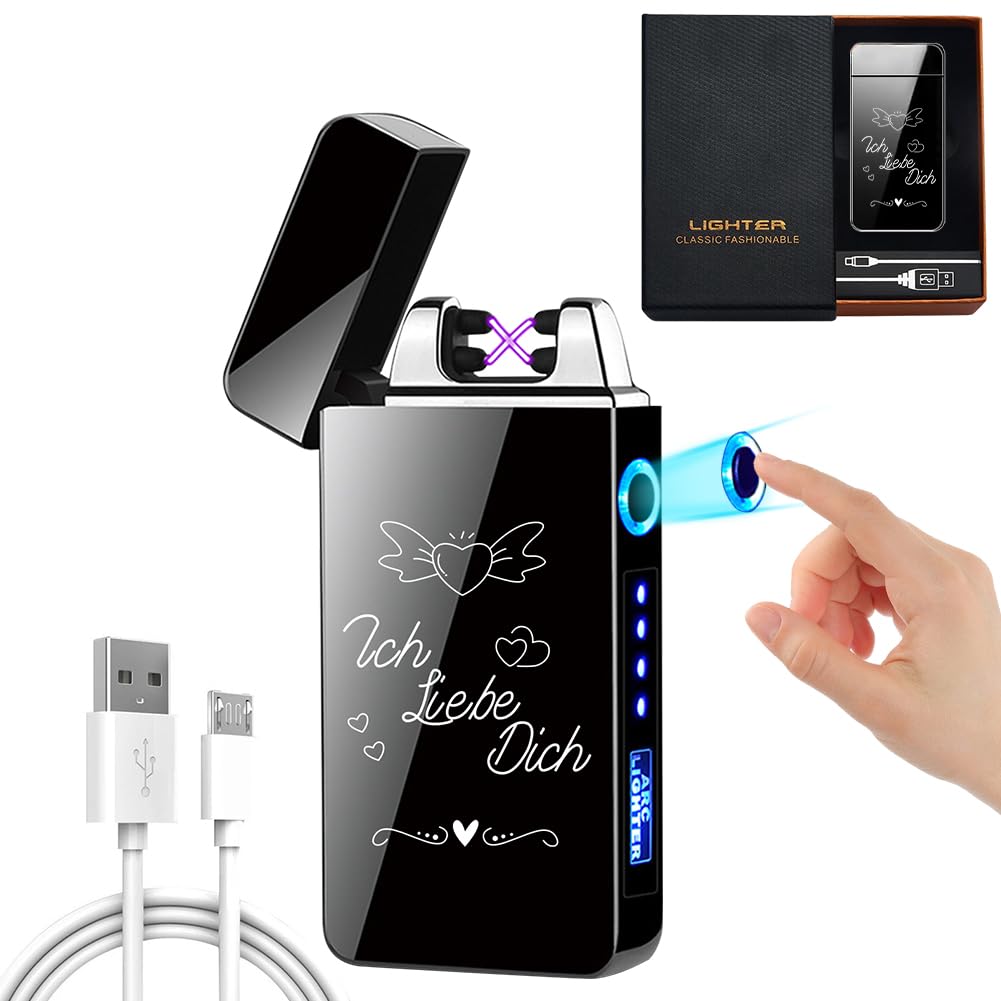 LOMUG Elektroniczna zapalniczka USB dla przyjaciela z grawerunkiem "Ich Liebe Dich" – ładowalny łuk świetlny z wyświetlaczem baterii – prezent na Walentynki