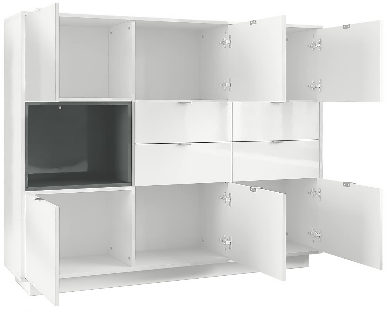 Vladon Buffet Haut Armoire Metro V2, Corps en Blanc Haute Brillance/Façades en Blanc Haute Brillance avec Une Insertion en Noir Haute Brillance