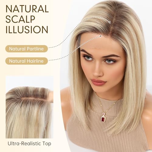 Image of KKU 100% Human Hair Lace Front Wig for Women- Pre-Plucked Natural Hairline, Side Part Ombre Blonde Brown Wig, 14 Inch, Soft & Natural Hair for Daily Use