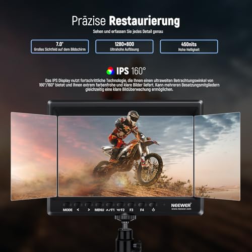 NEEWER F100 7 Zoll Kamera Field Monitor HD Video Assist IPS 1280x800 HDMI 1080p mit 4400mAh F750 Akku, Sonnenschutzhaube & 360° Kugelkopf für DSLR Kameras, Handstabilisator, Film Video Making Rig
