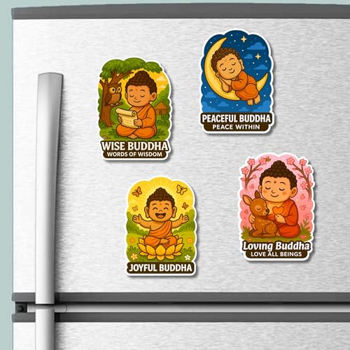 Image of Regalo Casila Buddha Fridge Magnet Set Wise Joyful Peaceful Loving 4 Pc Ideal Gift for Kids Adults Spiritual Seekers Yoga Lovers Teachers