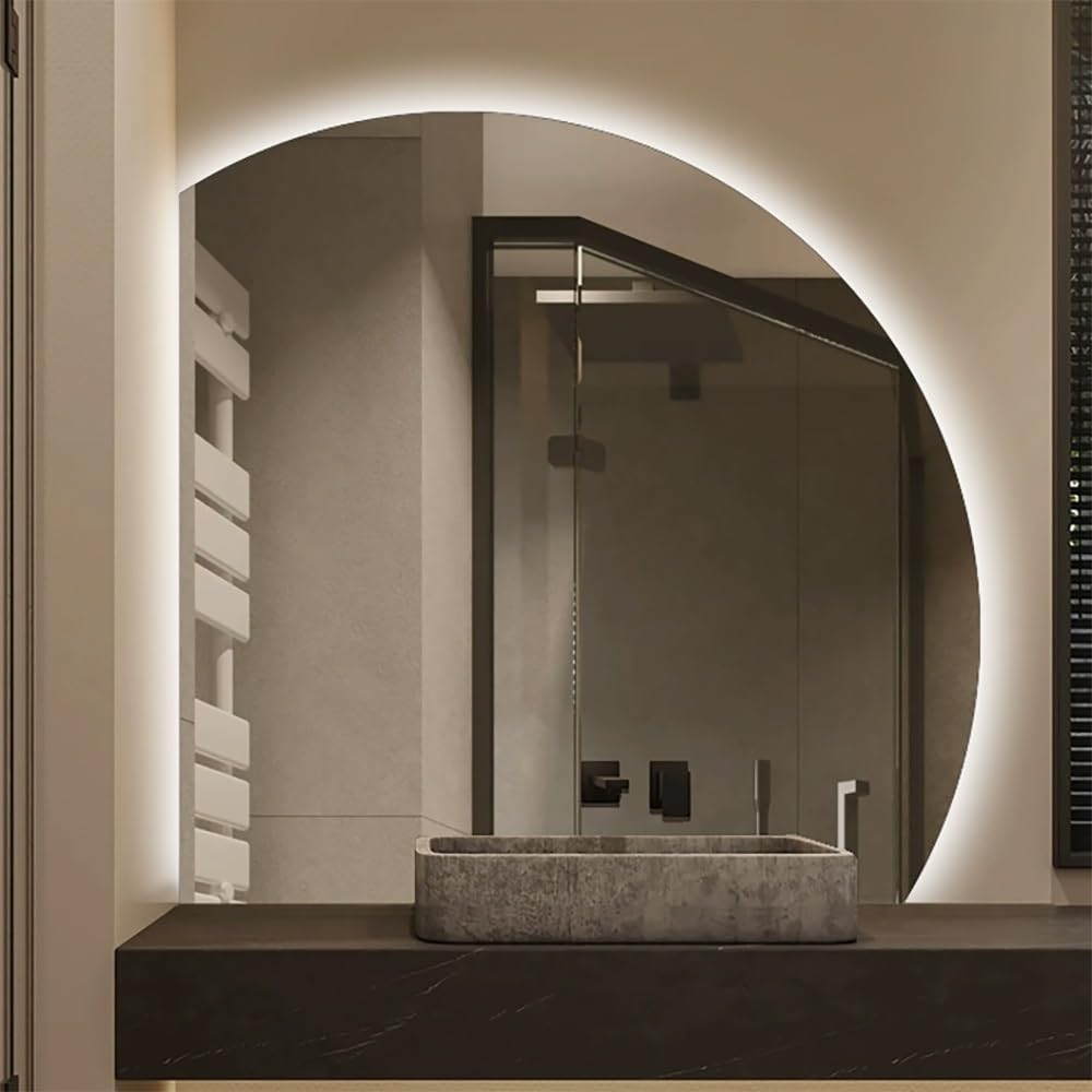 80 cm Wandmontage Dekospiegel, Rahmenloser 3 Lichtfarbe Dimmbar Badezimmerspiegel, Led Antibeschlag Schminkspiegel, Halbe Runde Lichtspiegel mit Touch-Schalter(Left Under Cut,28inch/70cm)